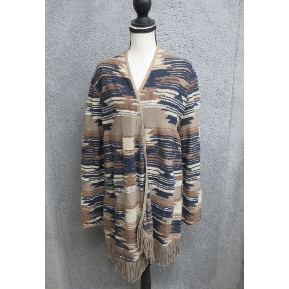 Lucky‎ Brand Aztec Fringe Long Cardigan Sweater Womens L Brown Boho Tribal Knit